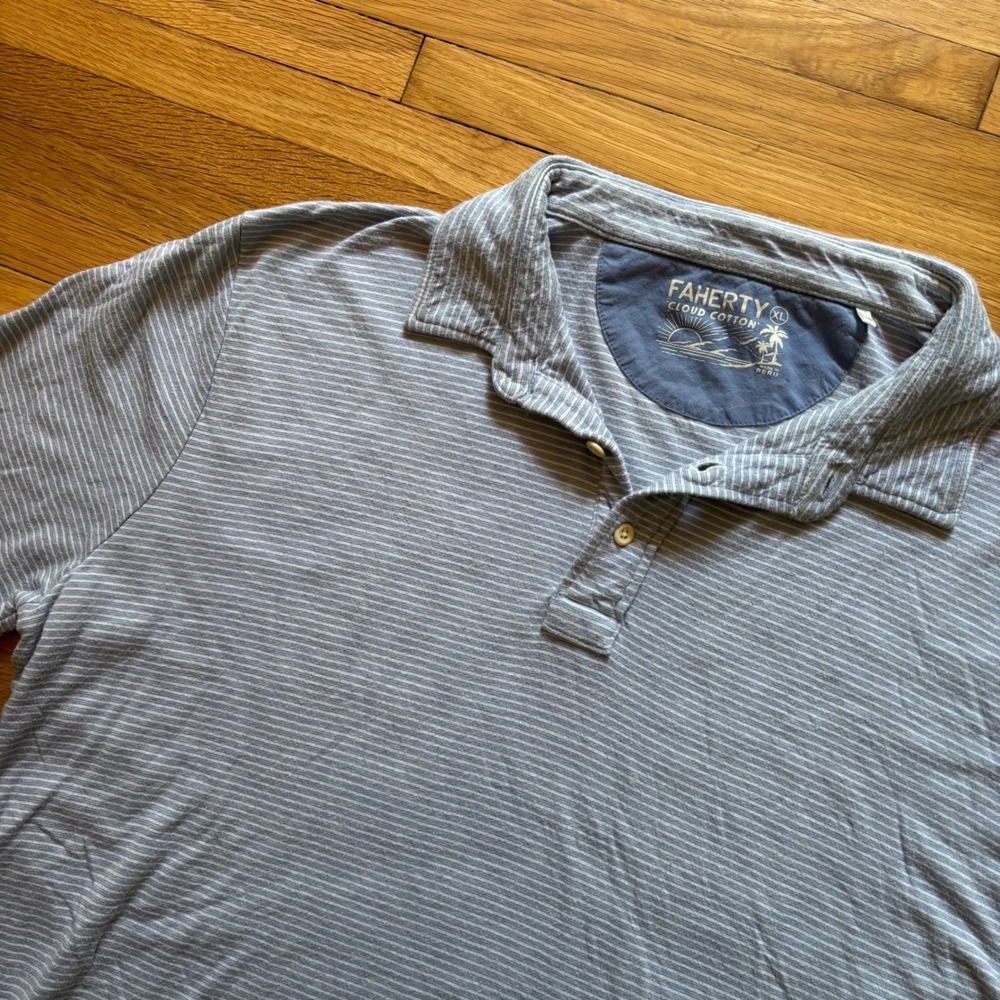 Faherty Cloud Cotton Polio Shirt Mens XL Blue White Stripes Soft Comfort Casual